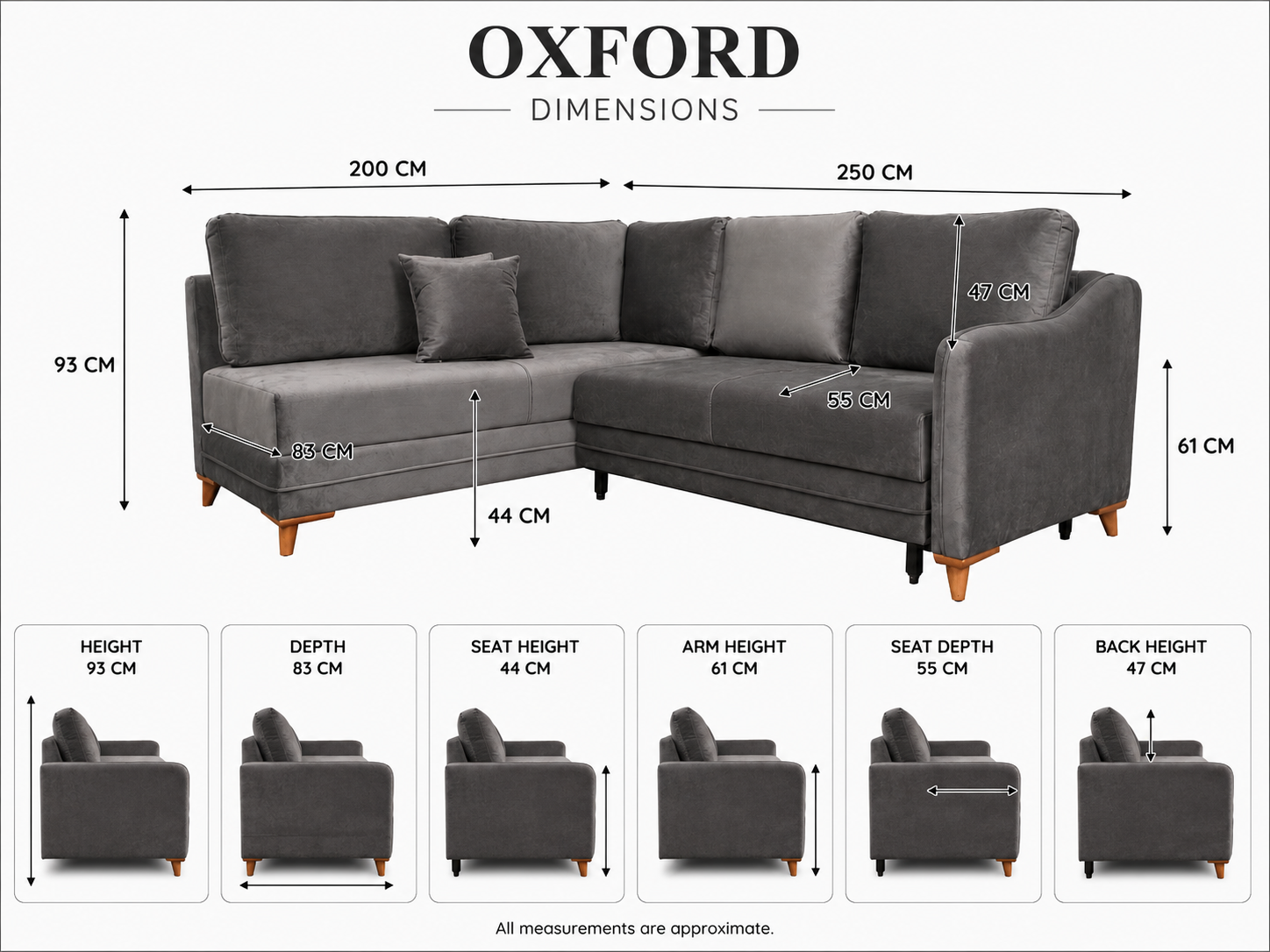 Q&amp;P Furniture Oxford corner sofa bed with storage, showing plush fabric upholstery and modern design in a living room setting.