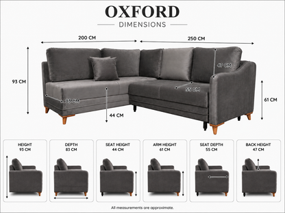 Q&amp;P Furniture Oxford corner sofa bed with storage, showing plush fabric upholstery and modern design in a living room setting.