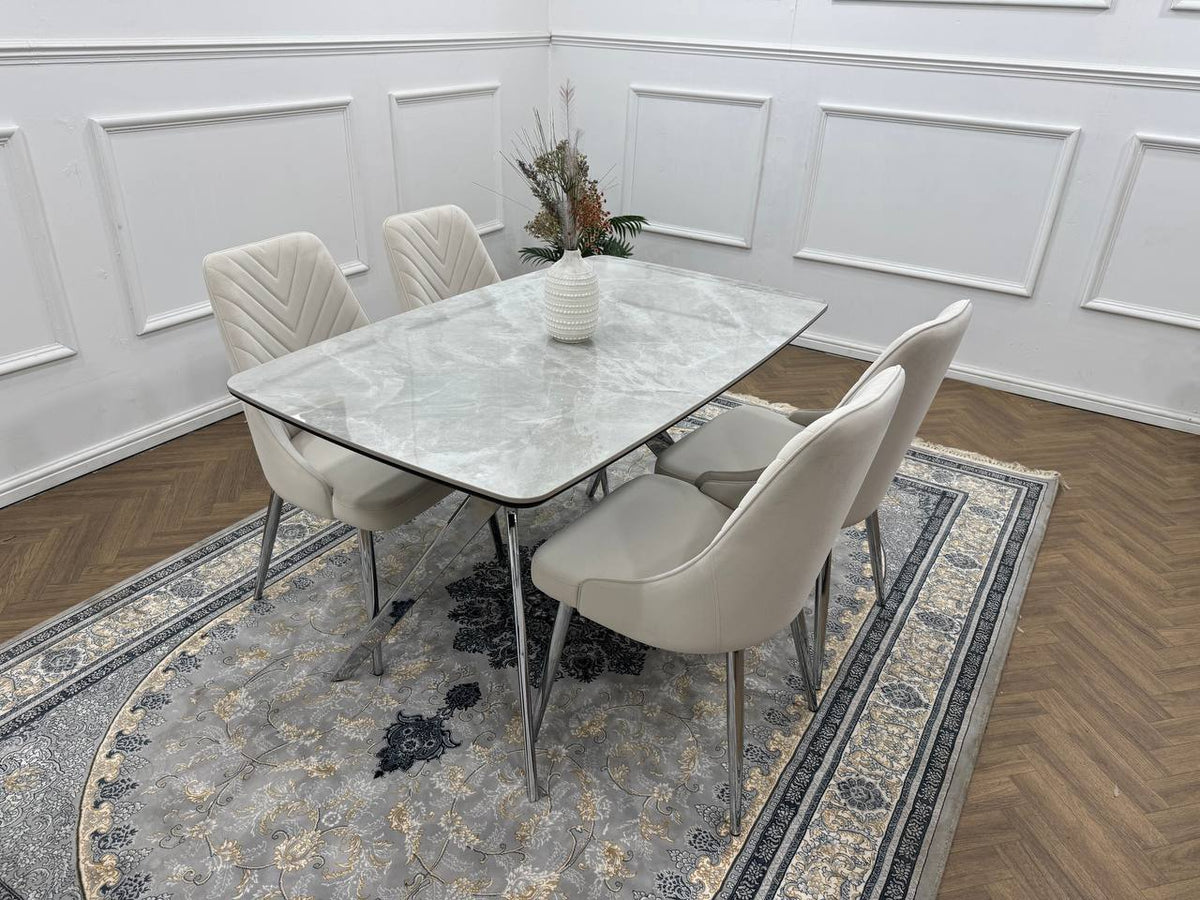 Savello Luxury Grey Marble-Effect Dining Set – 4 or 6 Beige or Grey Chairs