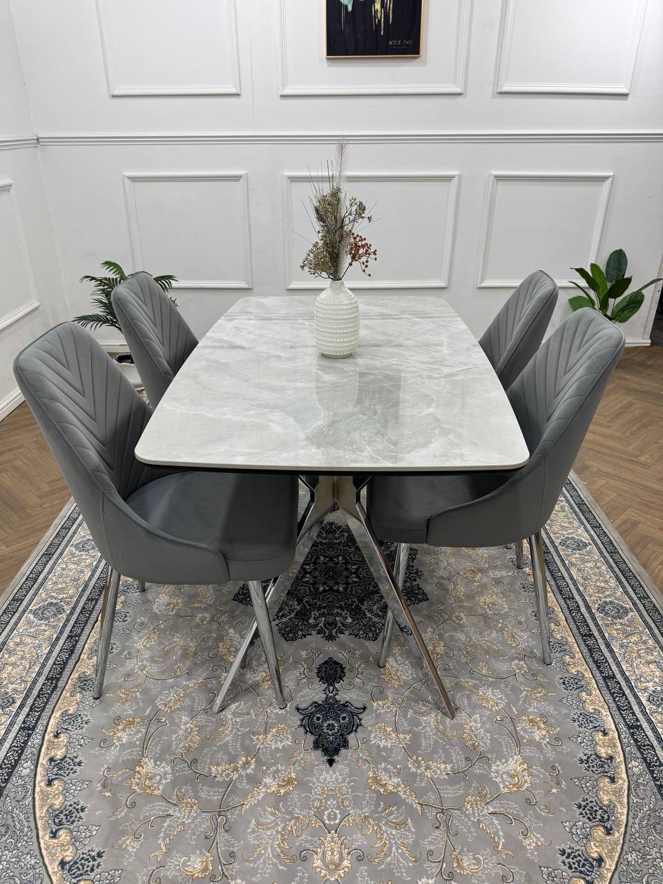 Savello Luxury Grey Marble-Effect Dining Set – 4 or 6 Beige or Grey Chairs