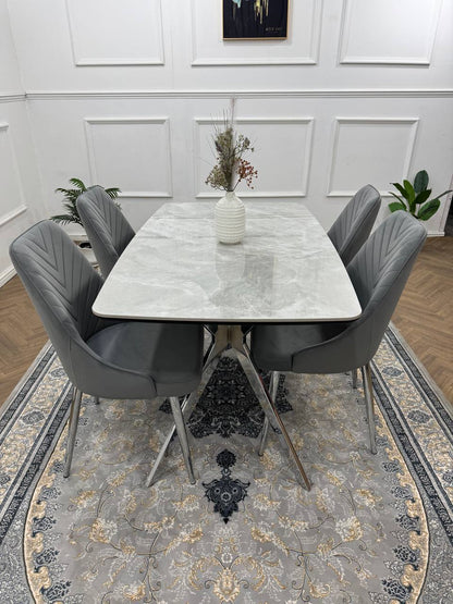 Savello Luxury Grey Marble-Effect Dining Set – 4 or 6 Beige or Grey Chairs