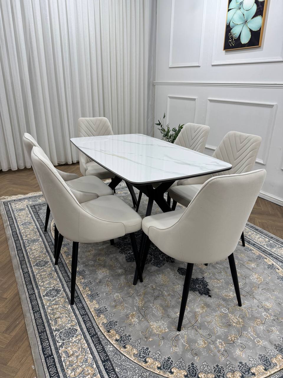 Rovella Luxury Marble-Effect Dining Set – 4 or 6 Grey Chairs