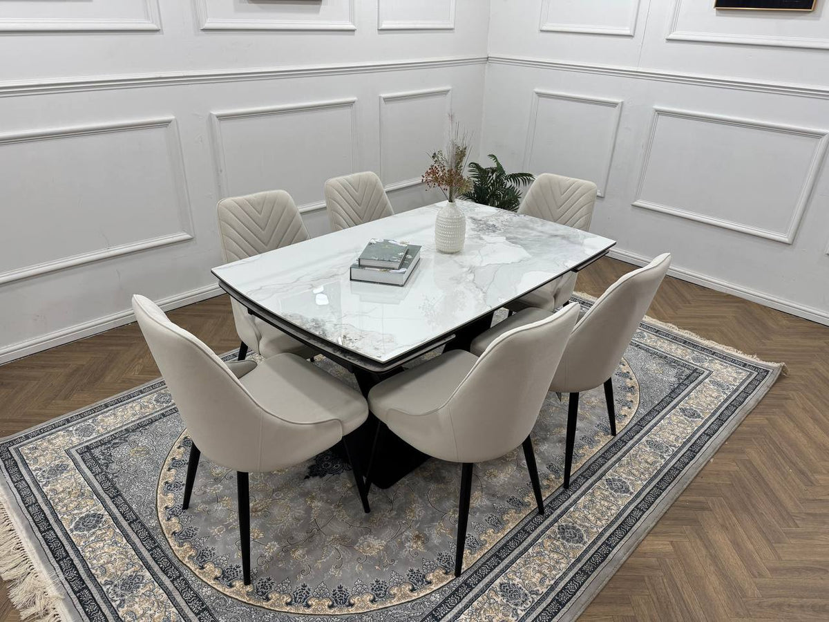 Bellaro Luxury Extendable Marble-Effect Dining Set – 6 or 8 Grey Chairs