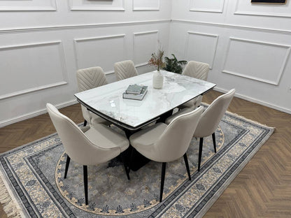 Bellaro Luxury Extendable Marble-Effect Dining Set – 6 or 8 Grey Chairs