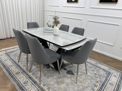 Roma Luxury Extendable Grey Marble-Effect Dining Table Set with 6 or 8 Grey Chairs