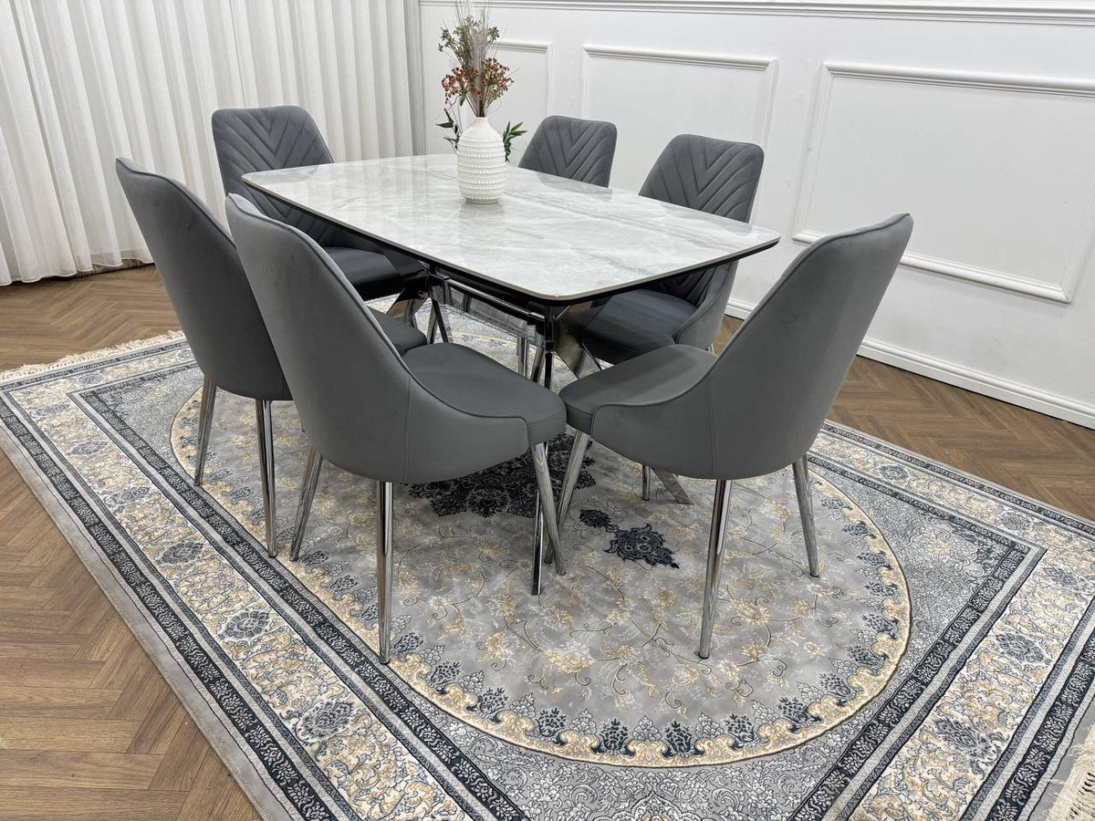 Savello Luxury Grey Marble-Effect Dining Set – 4 or 6 Beige or Grey Chairs