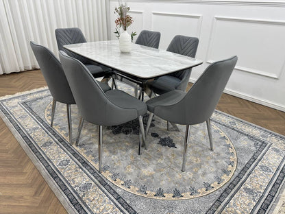 Savello Luxury Grey Marble-Effect Dining Set – 4 or 6 Beige or Grey Chairs