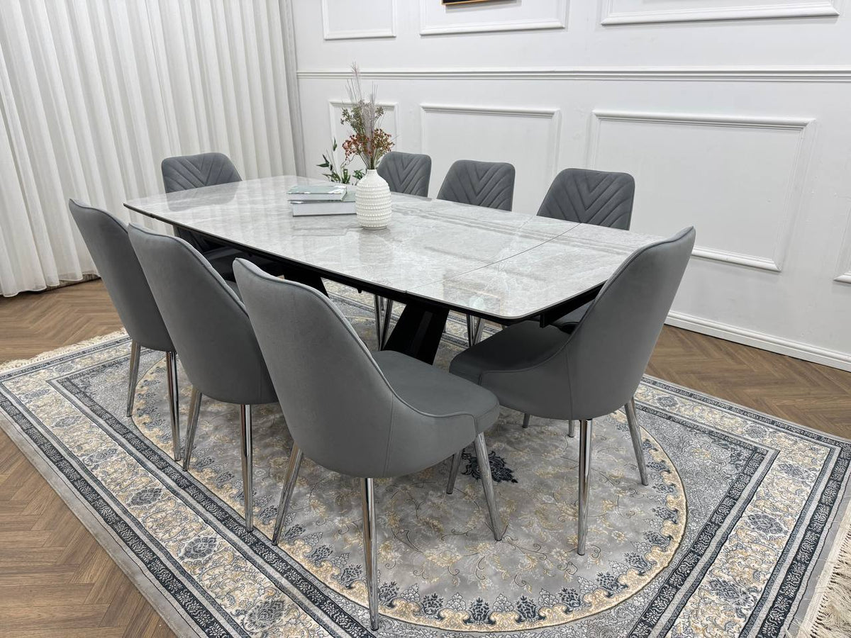 Roma Luxury Extendable Grey Marble-Effect Dining Table Set with 6 or 8 Grey Chairs