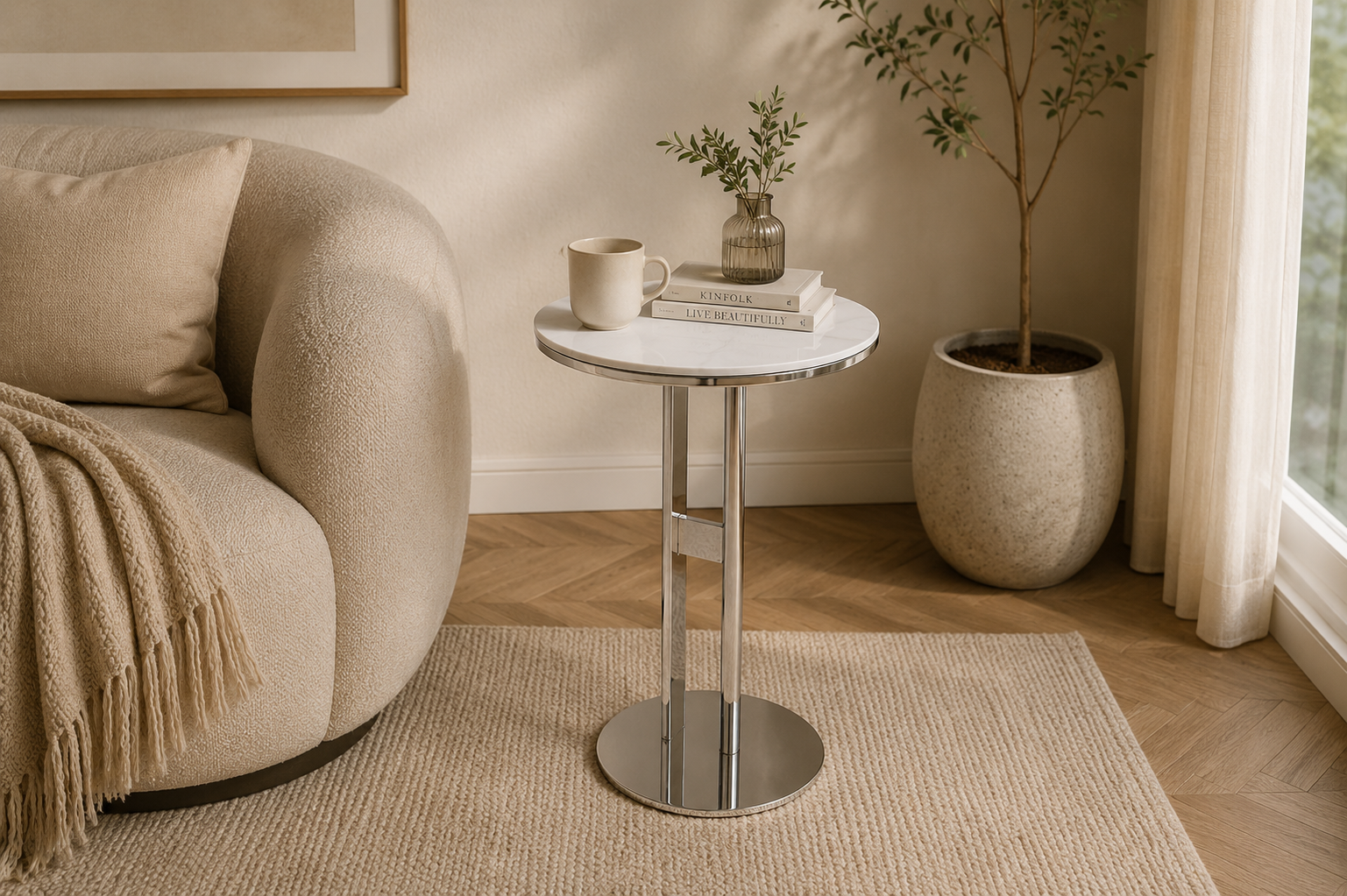 LINEA Round Sintered Stone Side Table with Stainless Steel Base