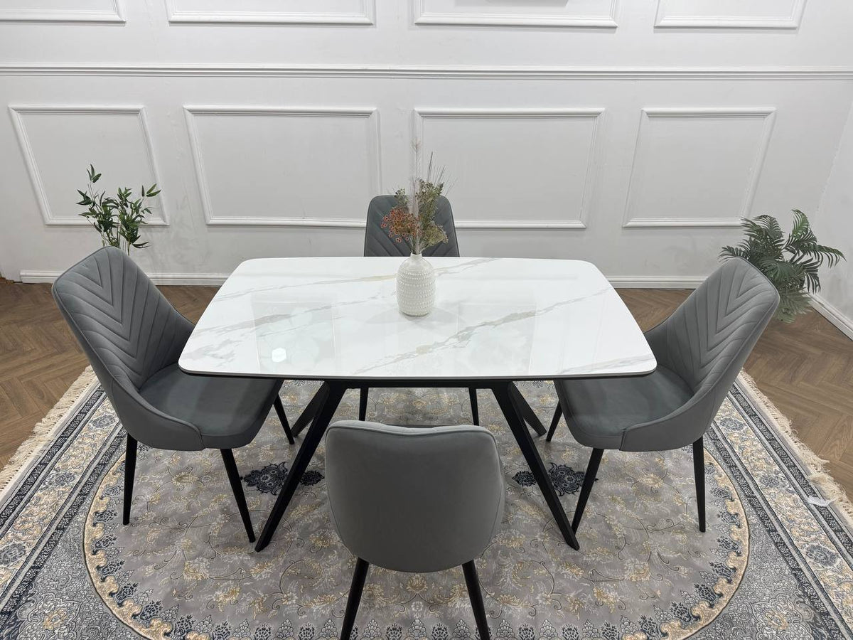Rovella Luxury Marble-Effect Dining Set – 4 or 6 Grey Chairs