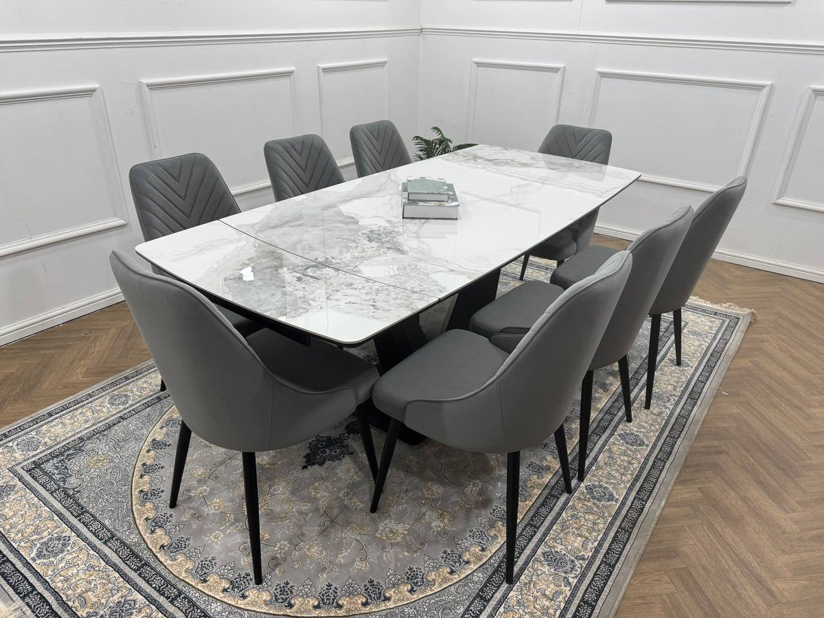 Bellaro Luxury Extendable Marble-Effect Dining Set – 6 or 8 Grey Chairs