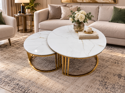 Light Gray Celine Sintered Stone Nesting Coffee Tables – White &amp; Gold