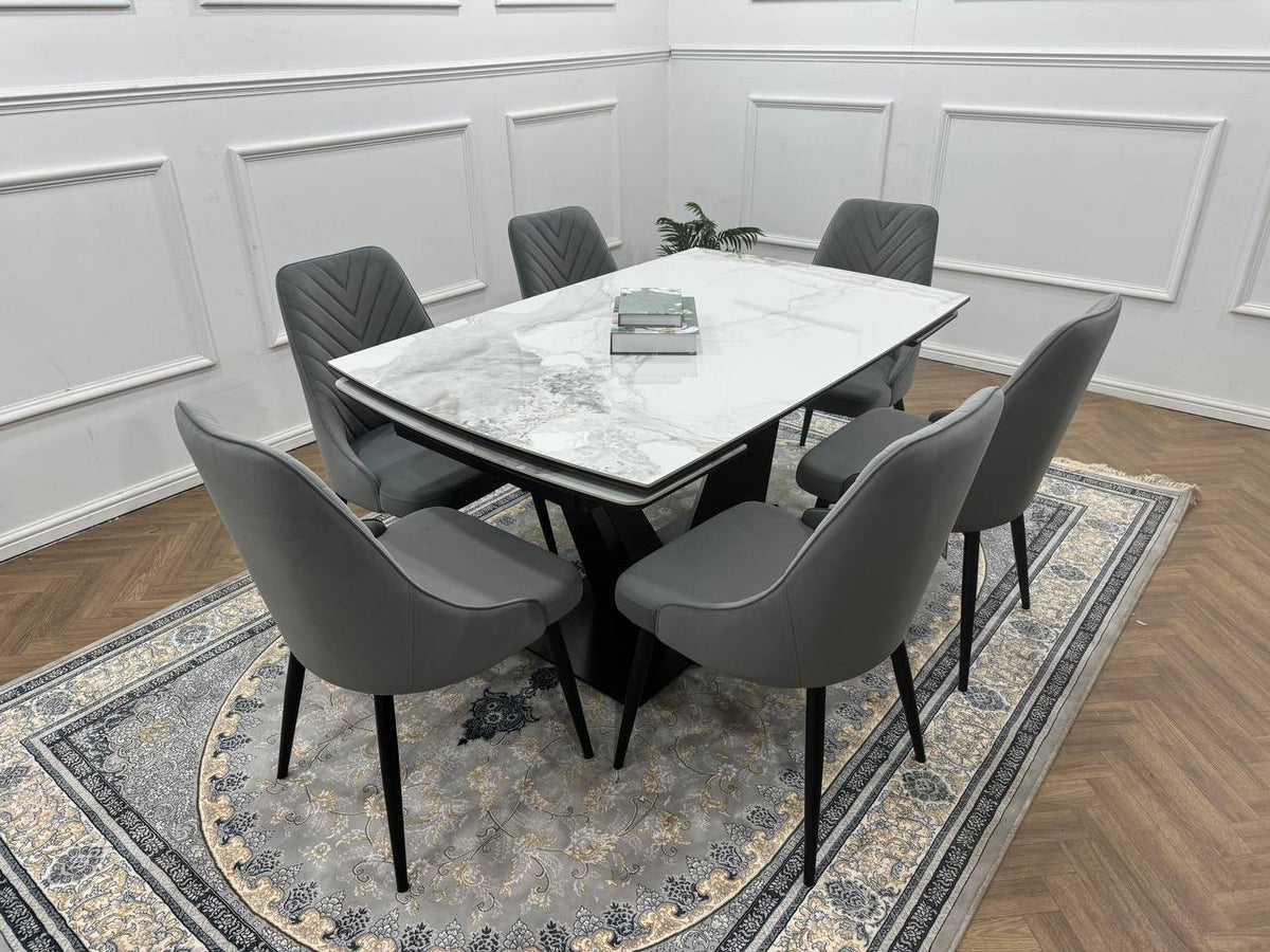 Bellaro Luxury Extendable Marble-Effect Dining Set – 6 or 8 Grey Chairs