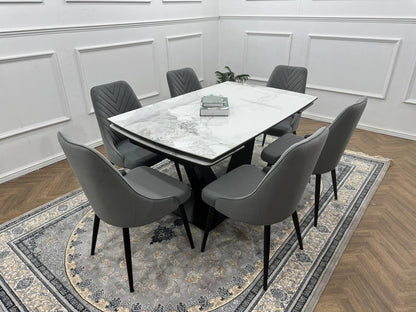 Bellaro Luxury Extendable Marble-Effect Dining Set – 6 or 8 Grey Chairs