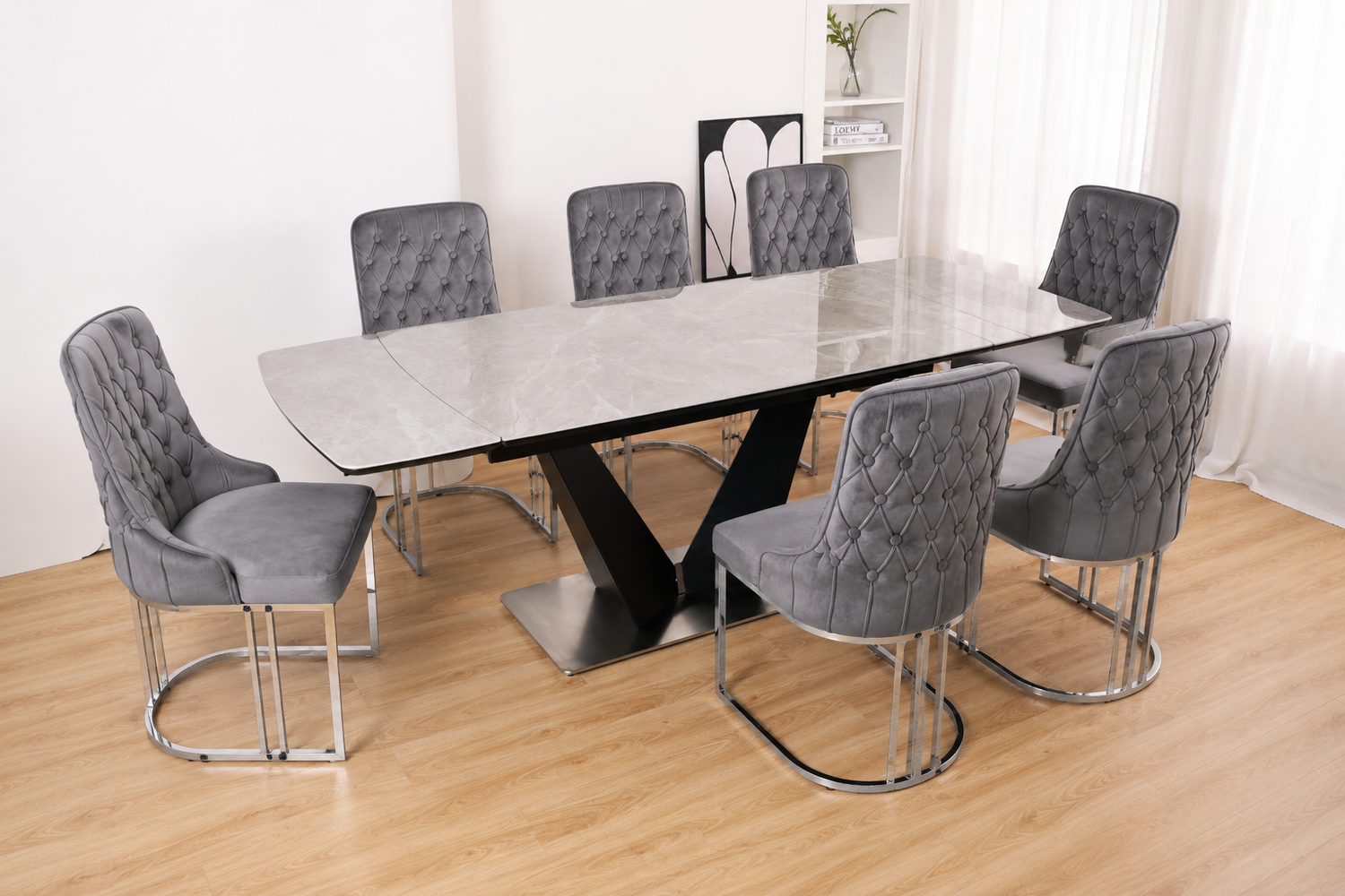 Q&amp;P Furniture Lumia extendable dining table set with sleek wooden surface and adjustable length, ideal for family meals and gatherings.
