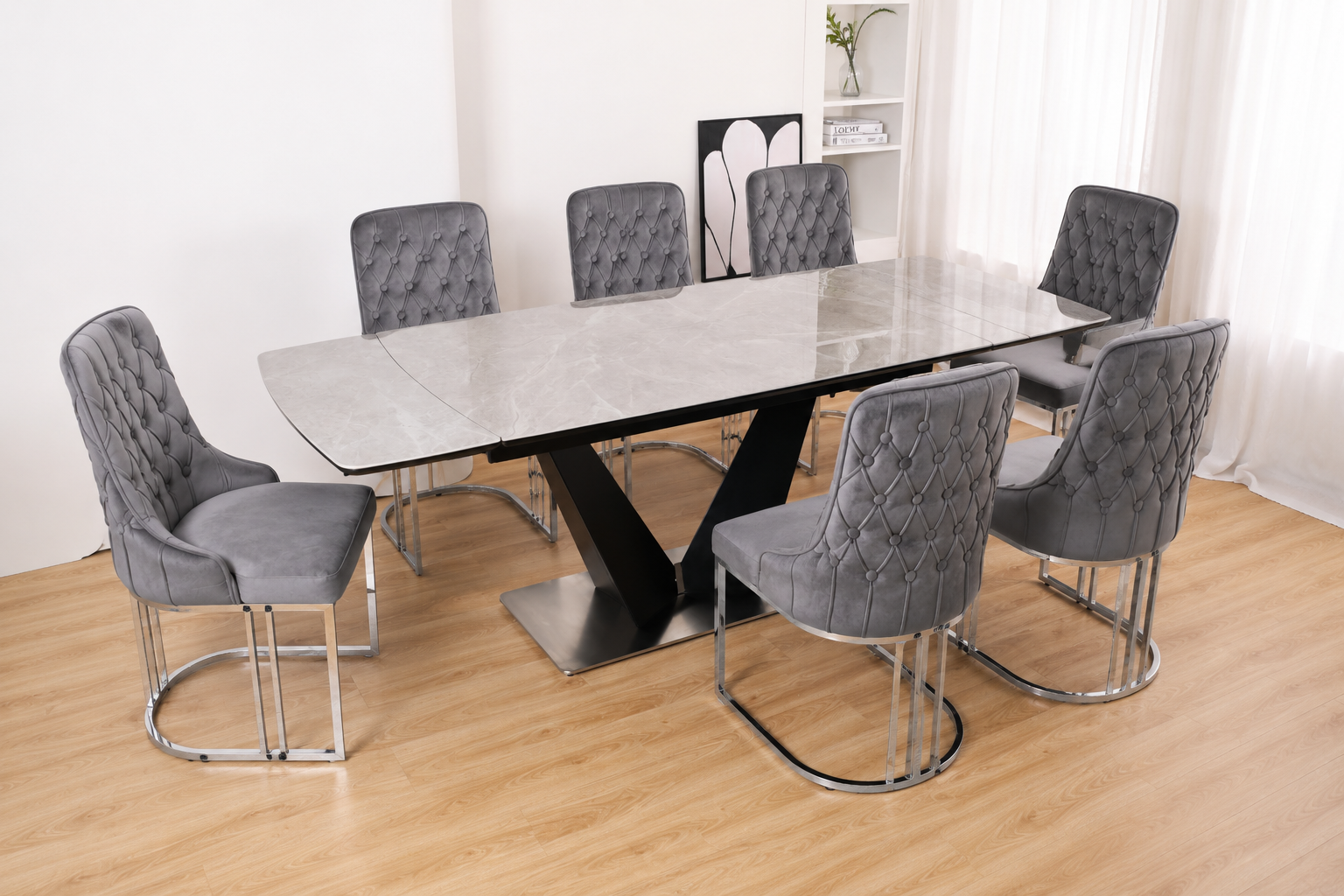 Q&amp;P Furniture Lumia extendable dining table set with sleek wooden surface and adjustable length, ideal for family meals and gatherings.