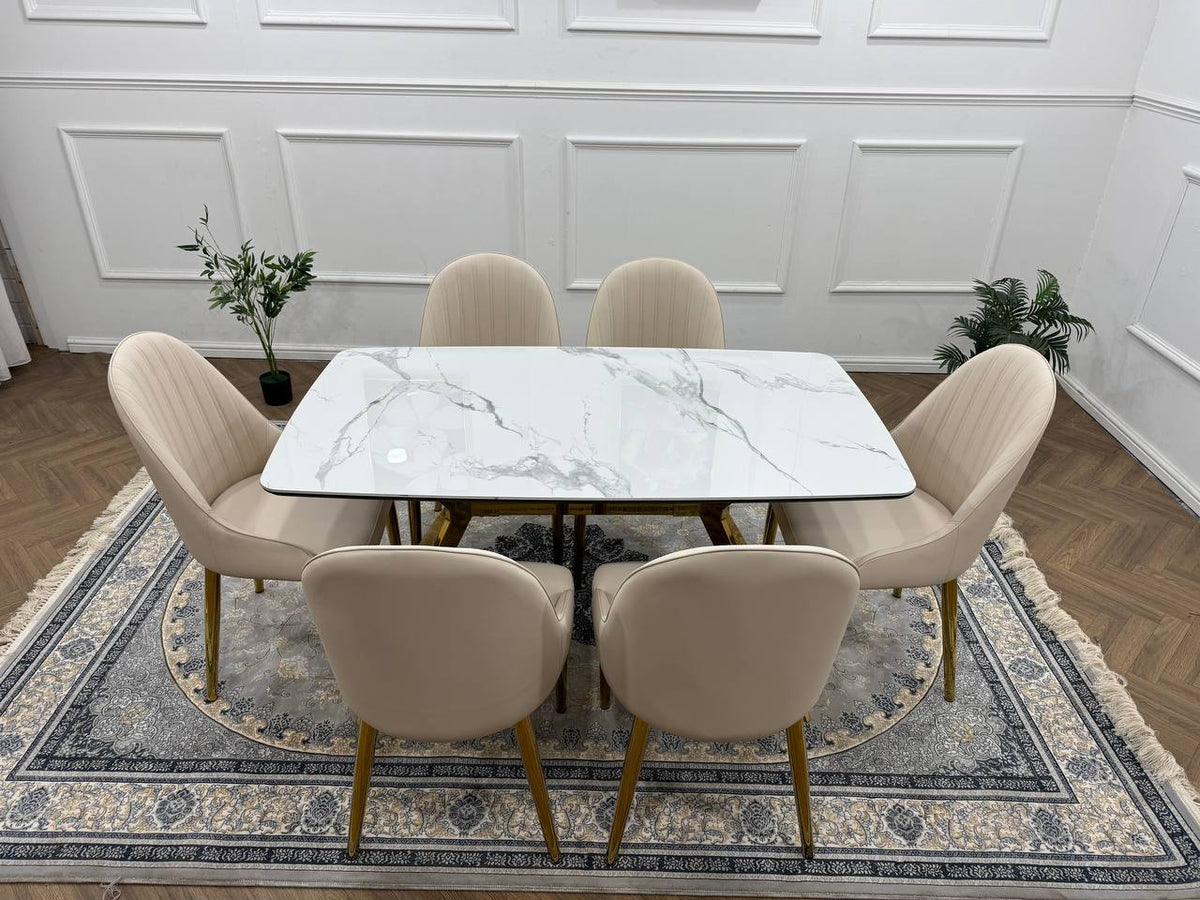 LUXORA Luxury Marble-Effect Dining Table Set  – Gold Legs