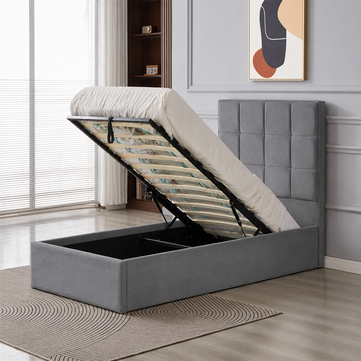 Velora Panel Upholstered Storage Bed – Modern Grey &amp; Beige Bed with Hydraulic Lift