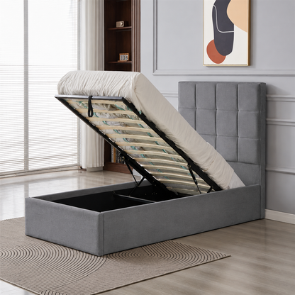 Velora Panel Upholstered Storage Bed – Modern Grey &amp; Beige Bed with Hydraulic Lift