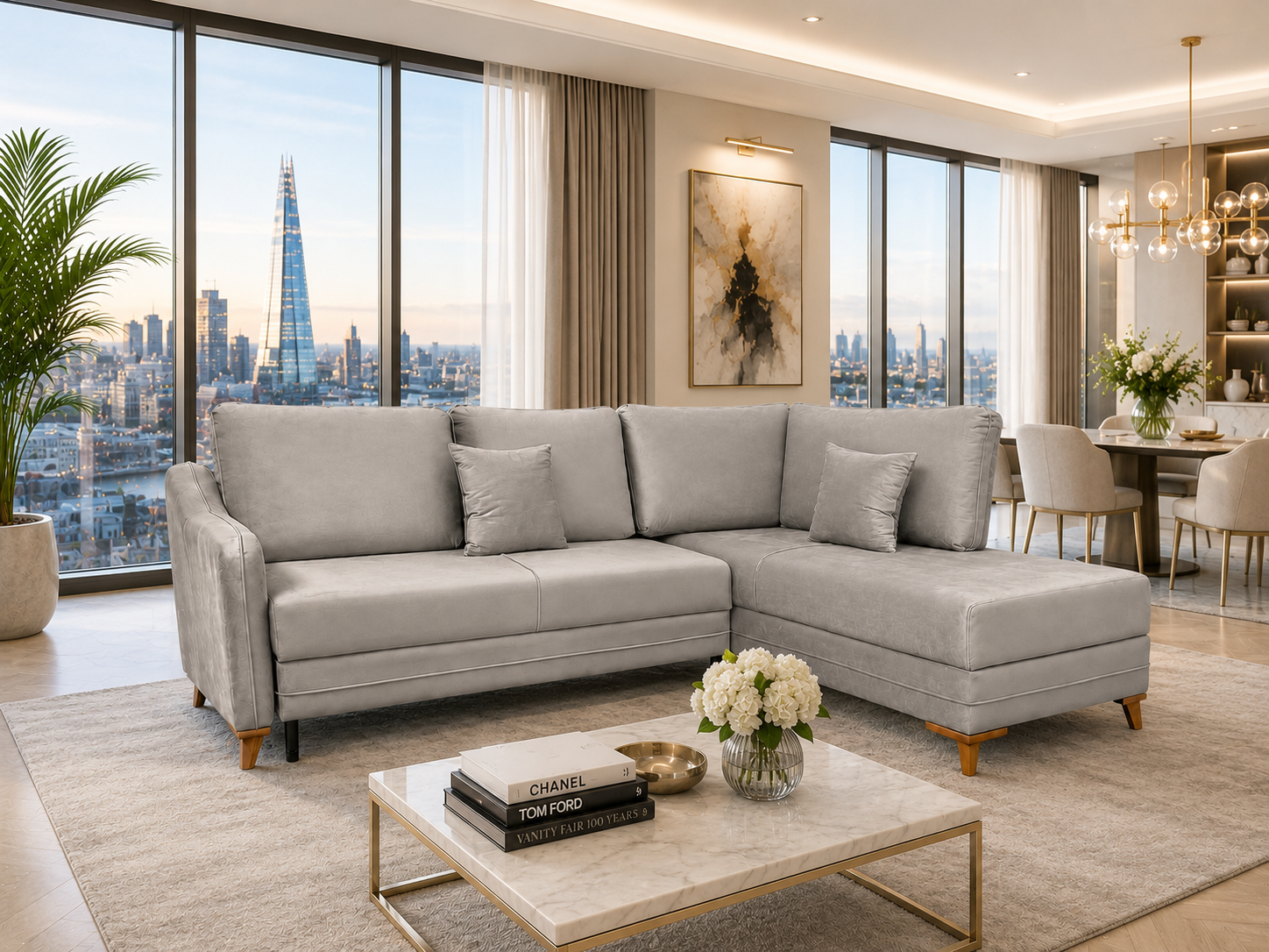 Q&amp;P Furniture Oxford corner sofa bed with storage, showcasing a stylish fabric corner sofa with a pull-out bed and hidden storage compartments.