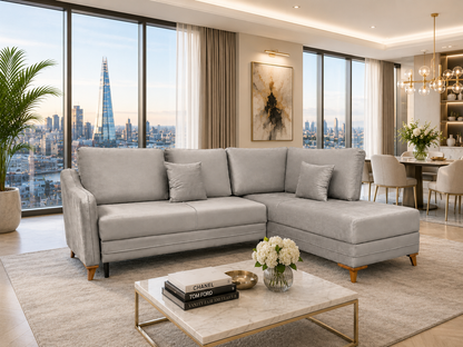 Q&amp;P Furniture Oxford corner sofa bed with storage, showcasing a stylish fabric corner sofa with a pull-out bed and hidden storage compartments.
