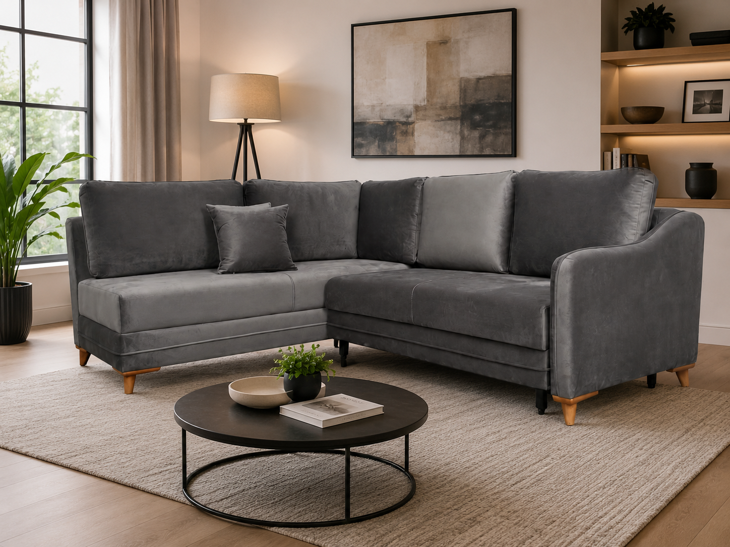 Q&amp;P Furniture Oxford corner sofa bed with storage, featuring plush fabric upholstery and a modern design in a living room setting.