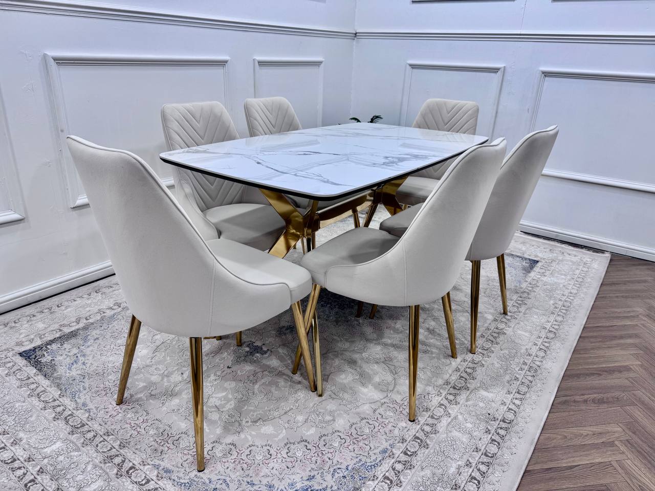 Q&amp;P Furniture Paris dining table set with wooden table and matching chairs, ideal for modern kitchen or dining room decor.