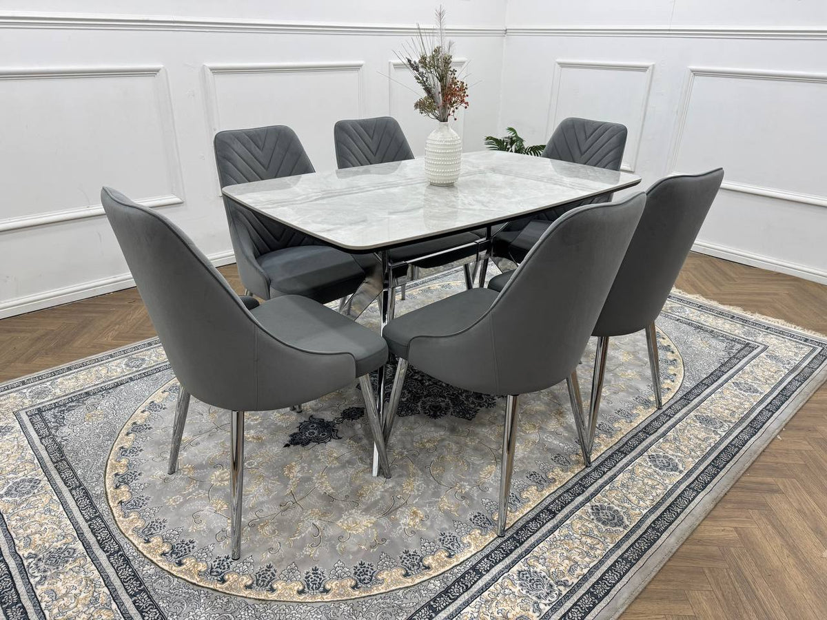 Savello Luxury Grey Marble-Effect Dining Set – 4 or 6 Beige or Grey Chairs