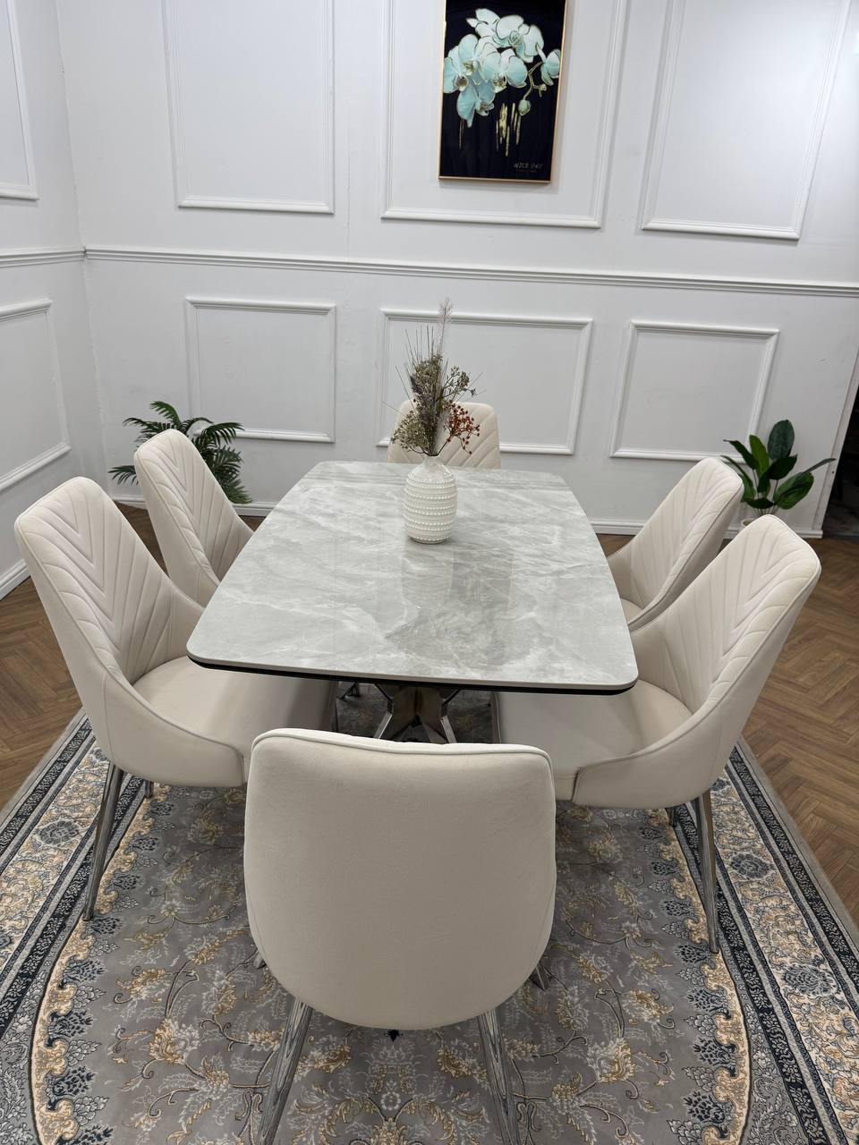 Savello Luxury Grey Marble-Effect Dining Set – 4 or 6 Beige or Grey Chairs
