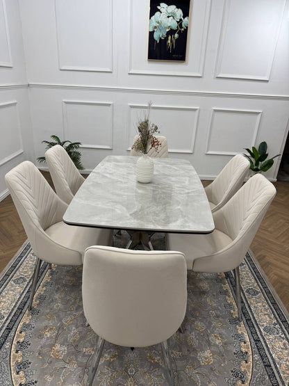 Savello Luxury Grey Marble-Effect Dining Set – 4 or 6 Beige or Grey Chairs