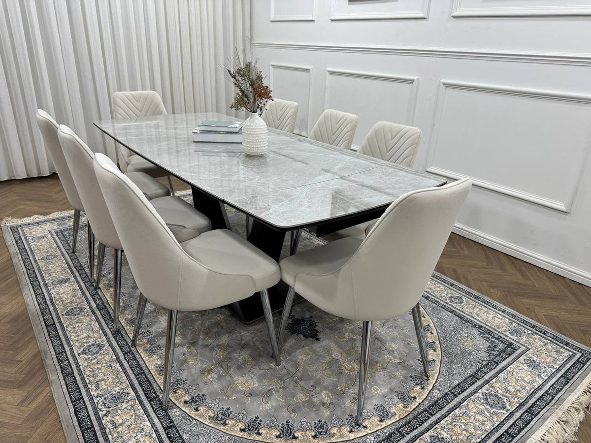 Roma Luxury Extendable Grey Marble-Effect Dining Table Set with 6 or 8 Grey Chairs