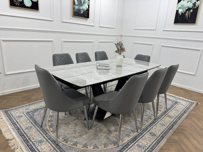 Roma Luxury Extendable Grey Marble-Effect Dining Table Set with 6 or 8 Grey Chairs