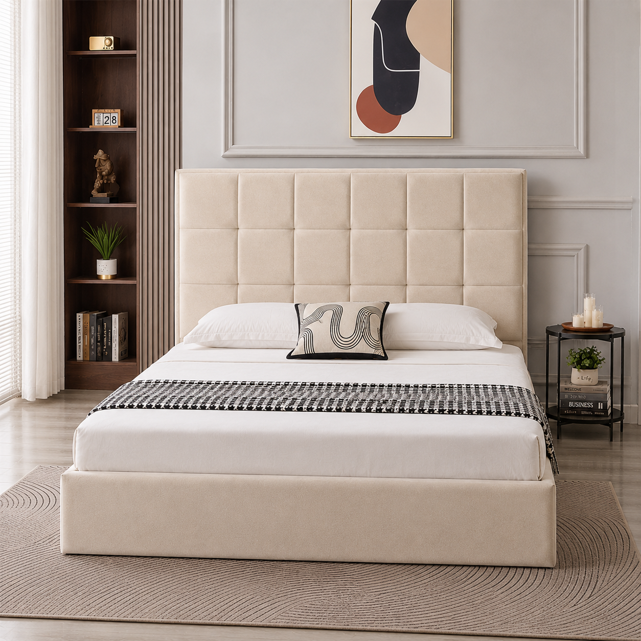 Velora Panel Upholstered Storage Bed – Modern Grey &amp; Beige Bed with Hydraulic Lift