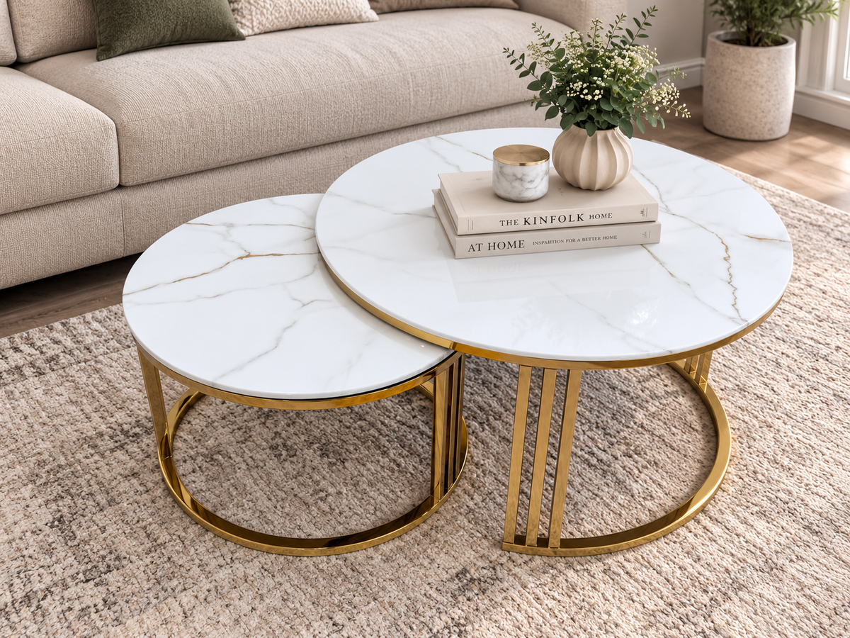 Lavender Celine Sintered Stone Nesting Coffee Tables – White &amp; Gold