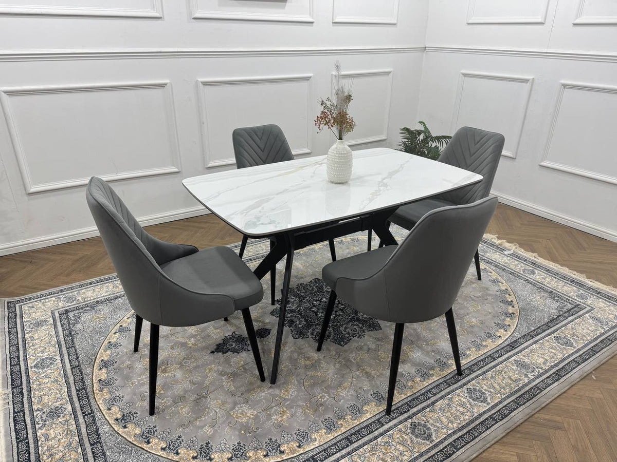 Rovella Luxury Marble-Effect Dining Set – 4 or 6 Grey Chairs