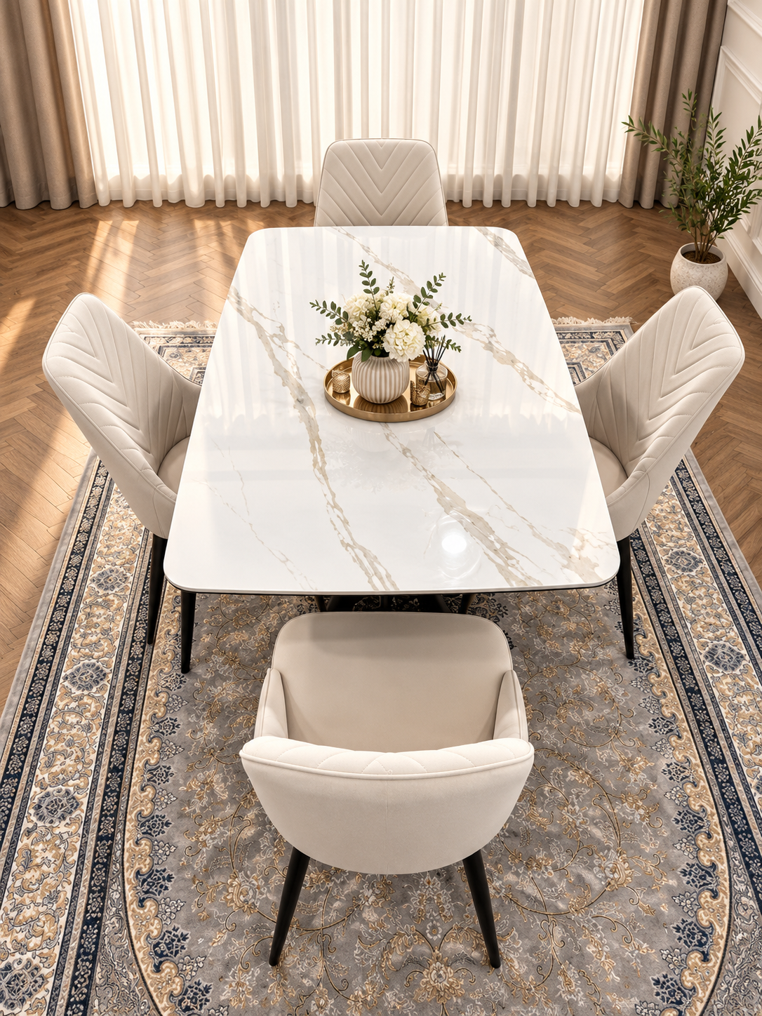 Rovella Luxury Marble-Effect Dining Set – 4 or 6 Grey Chairs