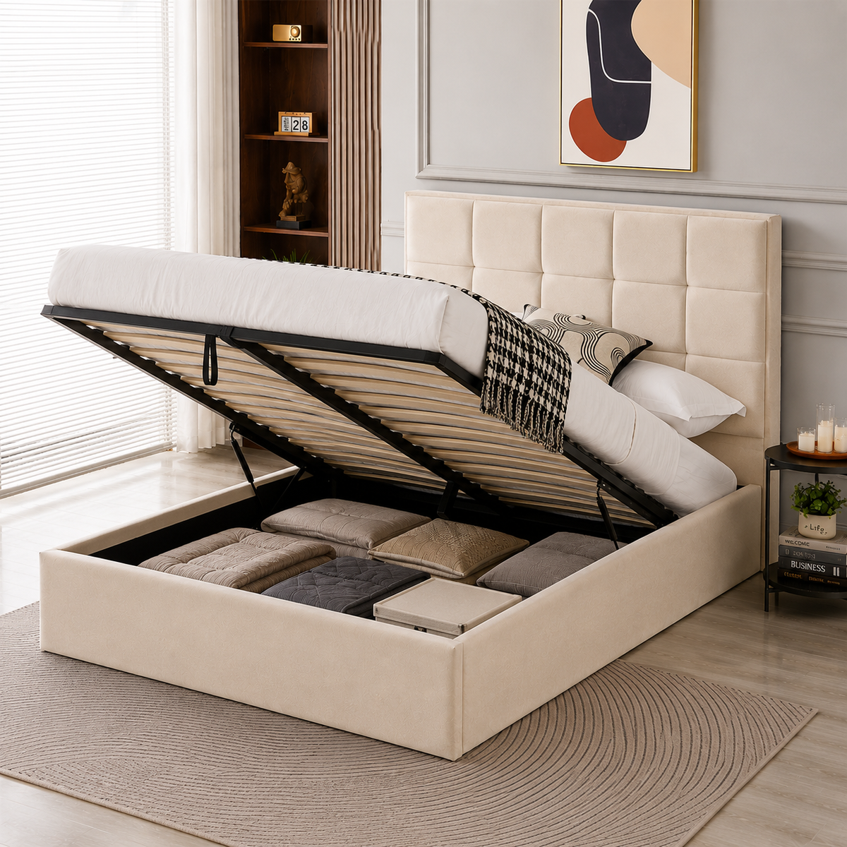 Velora Panel Upholstered Storage Bed – Modern Grey &amp; Beige Bed with Hydraulic Lift