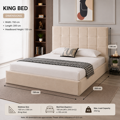 Velora Panel Upholstered Storage Bed – Modern Grey &amp; Beige Bed with Hydraulic Lift