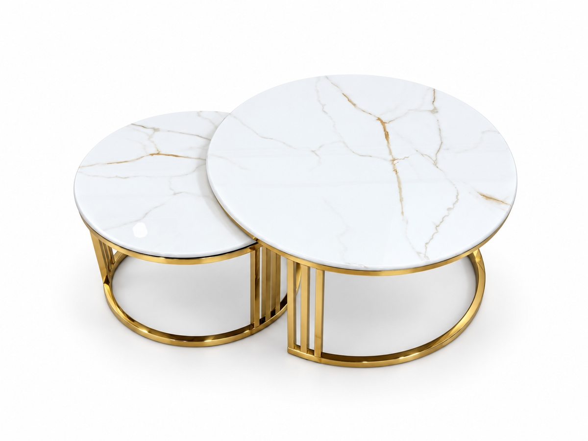 Alice Blue Celine Sintered Stone Nesting Coffee Tables – White &amp; Gold