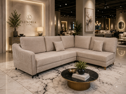 Q&amp;P Furniture Oxford corner sofa bed with storage, featuring plush cushions and modern fabric upholstery in a cozy living room setting.