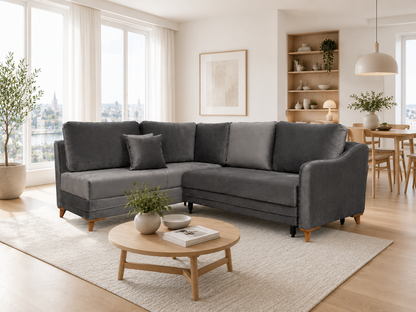 Q&amp;P Furniture Oxford corner sofa bed with storage, showing a stylish L-shaped corner sofa with fabric upholstery and built-in storage compartments.