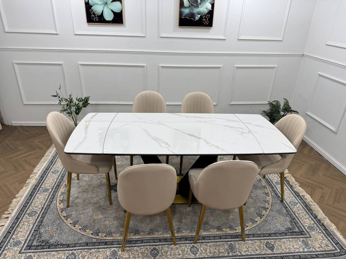 Elara Luxury Extendable Marble-Effect Dining Table Set