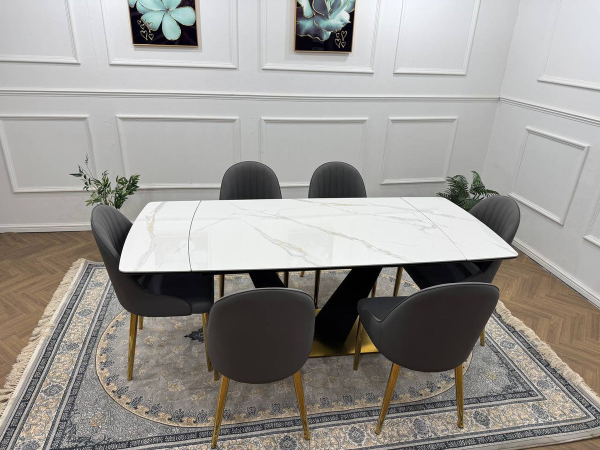 Elara Luxury Extendable Marble-Effect Dining Table Set