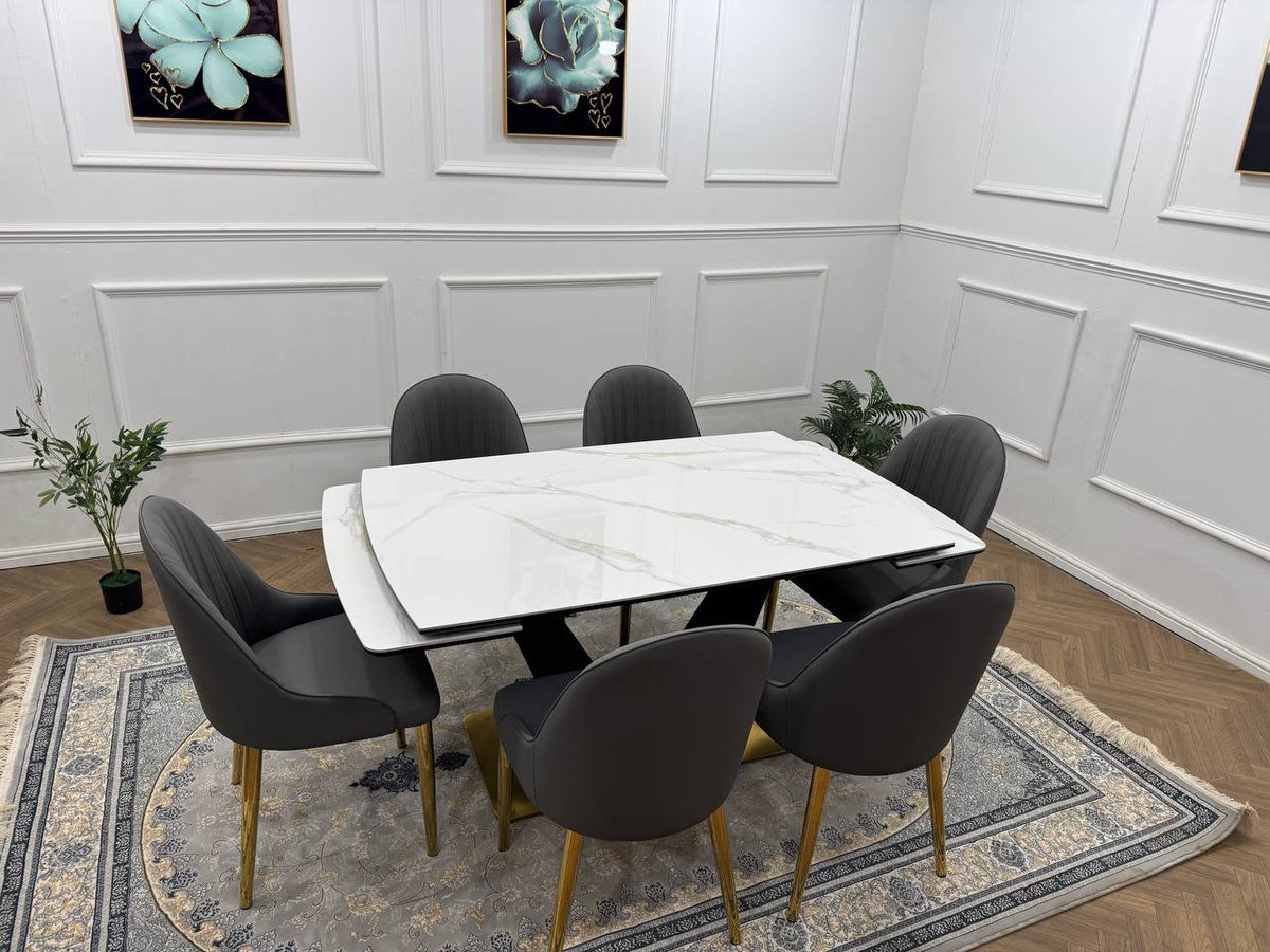 Elara Luxury Extendable Marble-Effect Dining Table Set