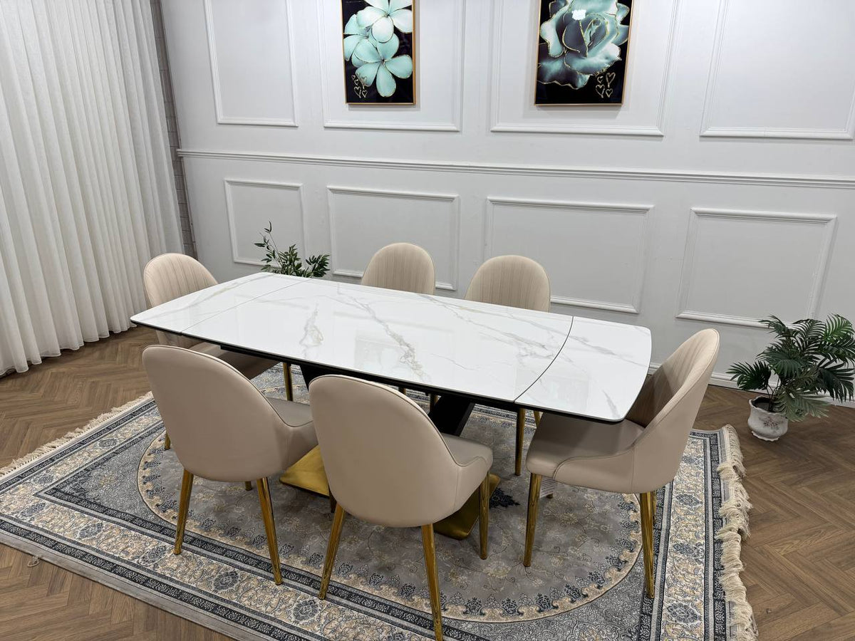Elara Luxury Extendable Marble-Effect Dining Table Set