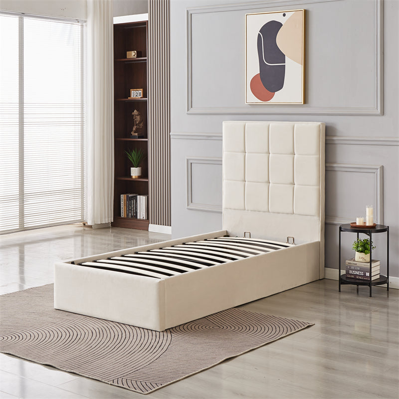 Cube Square Velvet Ottoman Storage Bed Frame with Gas Lift Storage