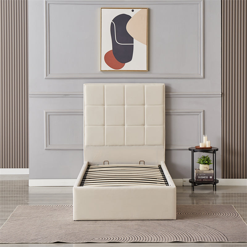 Cube Square Velvet Ottoman Storage Bed Frame with Gas Lift Storage