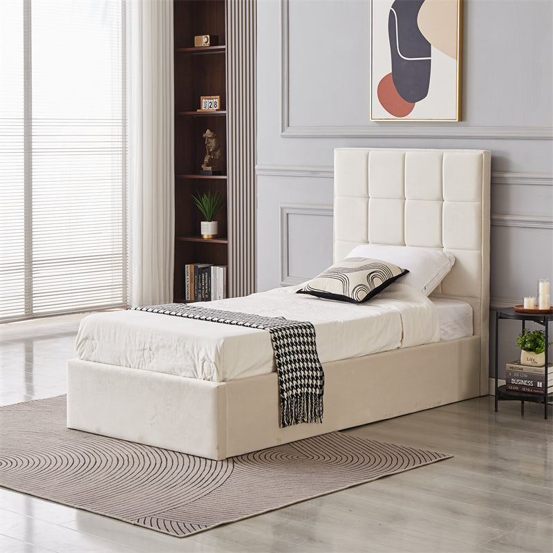 Cube Square Velvet Ottoman Storage Bed Frame with Gas Lift Storage