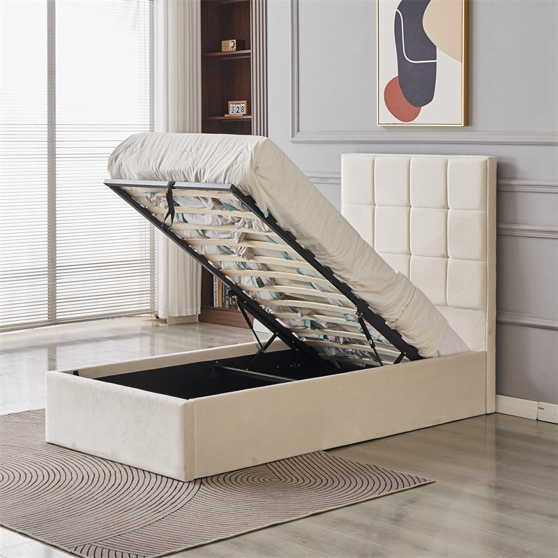Cube Square Velvet Ottoman Storage Bed Frame with Gas Lift Storage