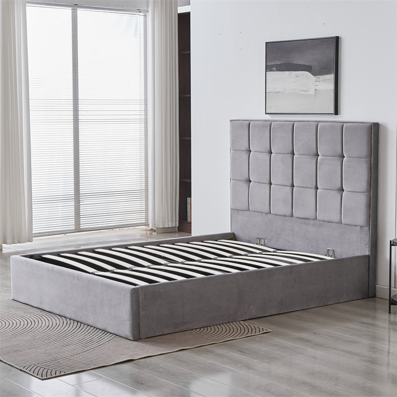 Cube Square Velvet Ottoman Storage Bed Frame with Gas Lift Storage